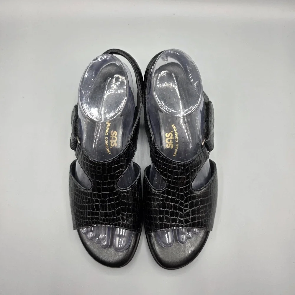 SAS Suntimer Sandals Womens 8.5 Black Patent Leather Croc Embossed Comfort Shoes